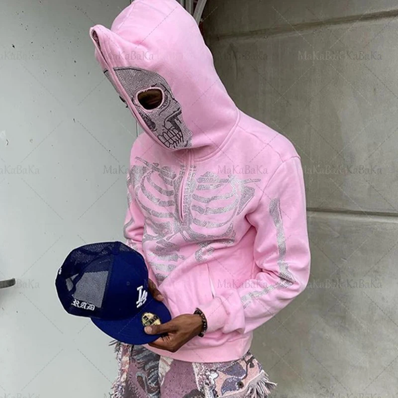 Womens Y2k Fashion Hoodie Skull Rhinestone Zip Up Hoodie
