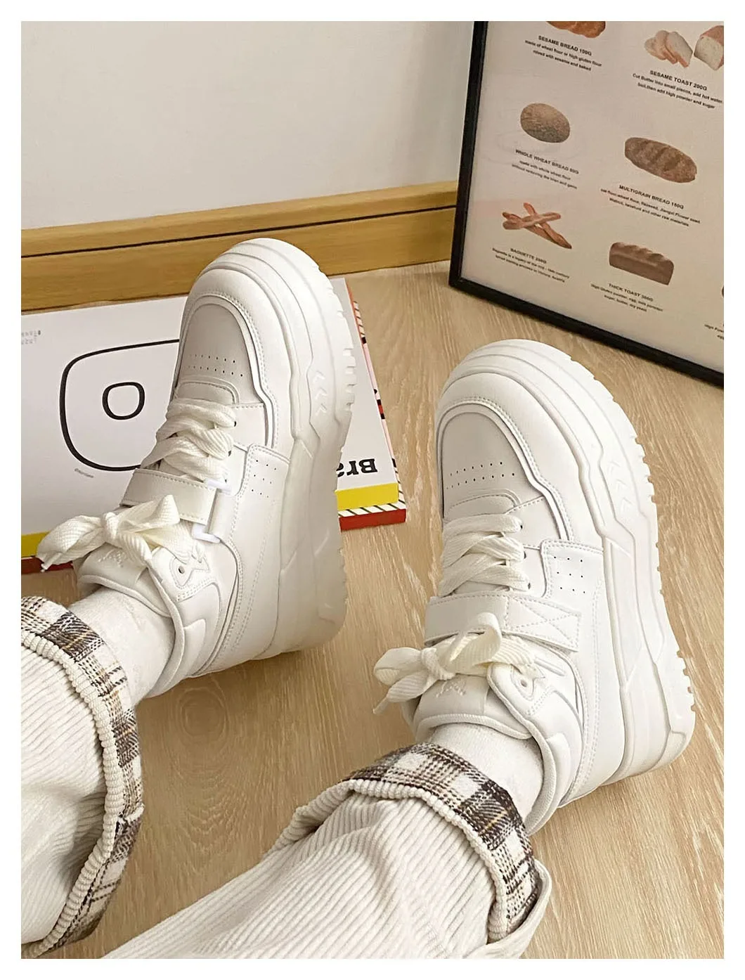 Leather High 6cm Thick Sole Women Casual Shoes Spring High Rise Thick Sole Sports Shoes Lace-up Mixed Colors Women Shoes 24-160