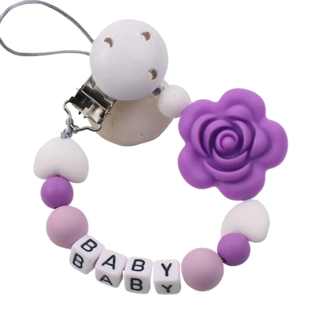 Rose Flower Personalized Name Silicone Beads Custom Name Pacifier Clips Safe Teether Chain Baby Teether Dummy Clip Holder Gift
