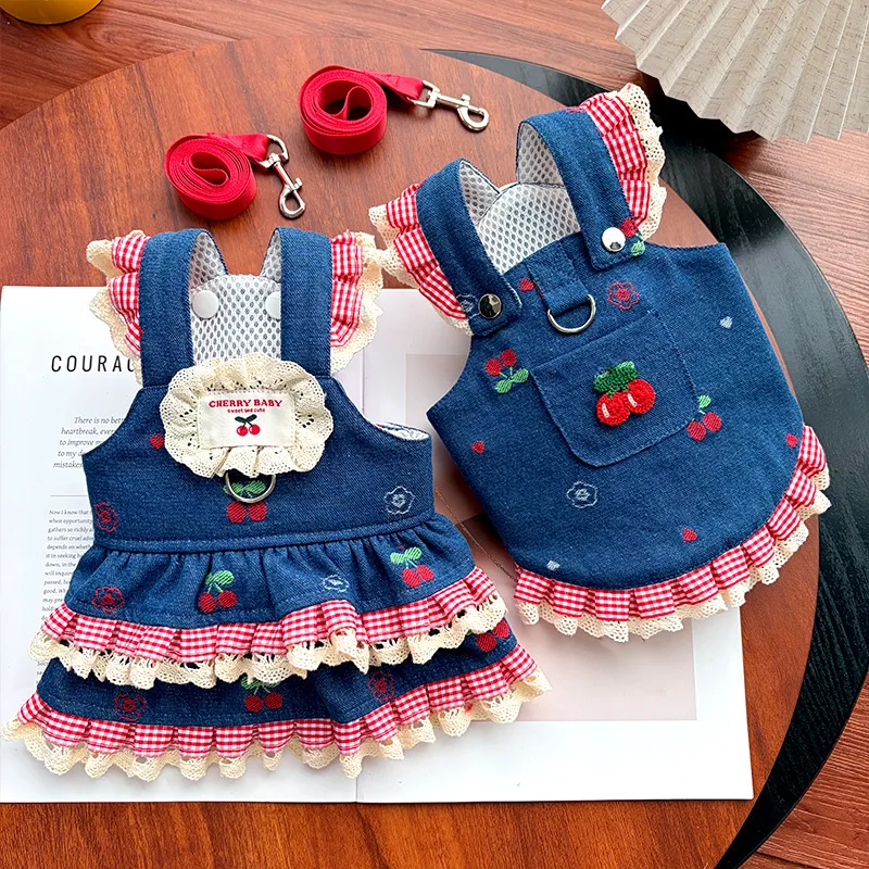 Denim Dress Harness And Leash Set For Small Dogs And Cats_voghion.com