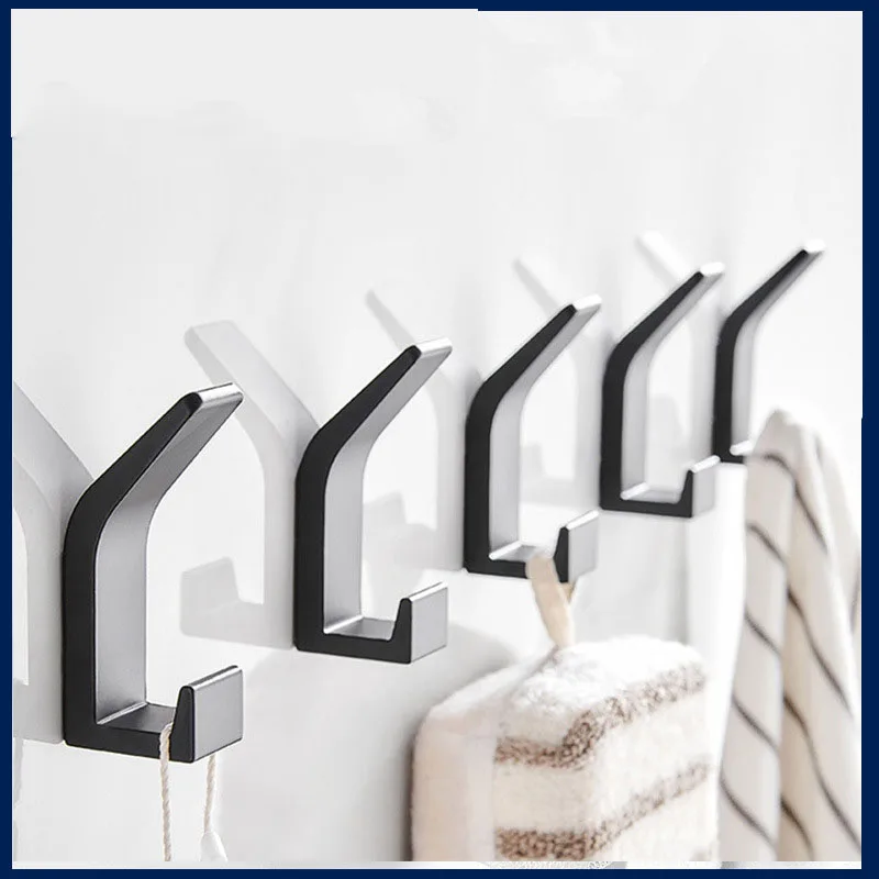 

5pcs Towel Hook No Drilling Double Hook Bathroom Clothes Coat Storage Aluminum Hook Bedroom Robe Wall Hanger Kitchen Accessories
