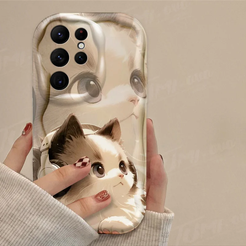 Lovely Music Cat 3D Wave Case For Samsung Galaxy S24 Ultra S23 S22 Plus S21 S20 FE A25 A55 A35 5G Shockproof Silicone Back Cover_voghion.com