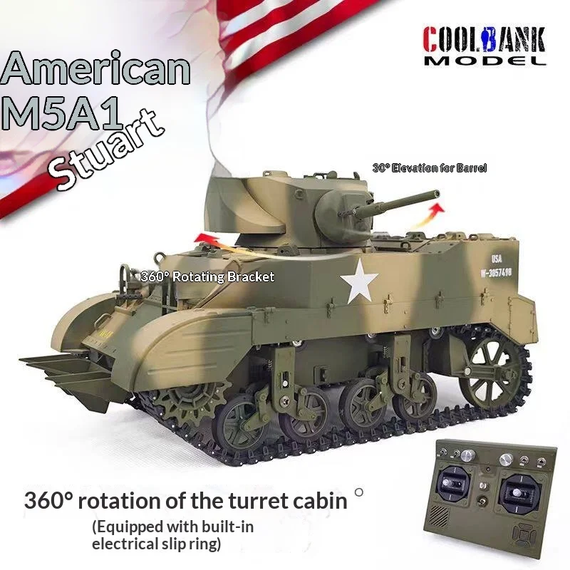 쿨뱅크 모델 리모컨 M5A1 스튜어트 탱크 시뮬레이션 접이식 연기 발사 360도 회전 군사 모형 (취미용)