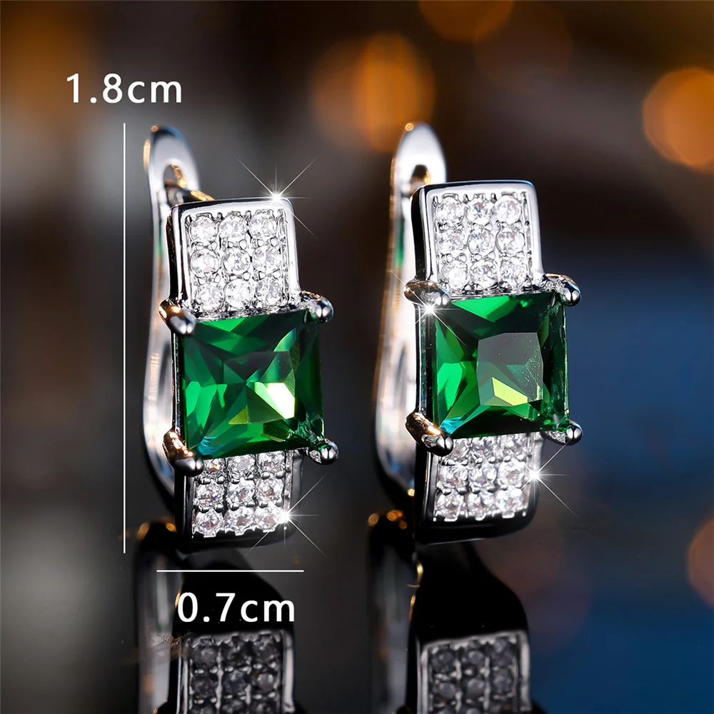 Cute Square Blue Zircon Green Stone Hoop Earrings For Women Charm Female Silver Color Wedding Jewelry Gift
