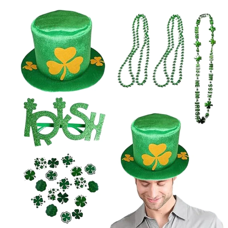 

Y166 1set Patricks Day Adult Shamrock Top Hat with Necklace&Glasses&Stickers Cosplay Supplies Green Color Costume