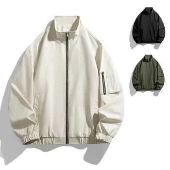 سترة عمال رفيعة بياقة واقفة لعام 2025 للرجال جديدة لربيع وخريف الرجال معطف بلون سادة وسحاب موضة سترات منفوخة مضادة للرياح للرجال 3