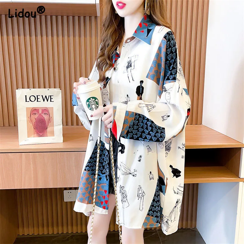 Blouses Free Shipping Fashion Causal Print Women Elegant Turn-down Collar Button Oversize Shirts Spring Autumn Clothing 2022 tafn baggy jeans women high waist blue 2023 summer wide leg jeans for women s korean fashion oversize pants woman free shipping