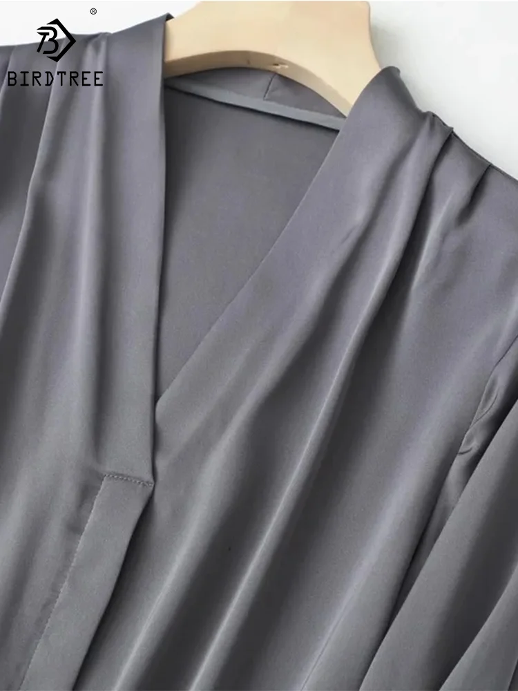 

Birdtree Woman Loose V-Neck Elegant OL Blouses,93% Real Silk Elastic Satin Shirts,2024 Spring Autumn New Tops,T38362QM