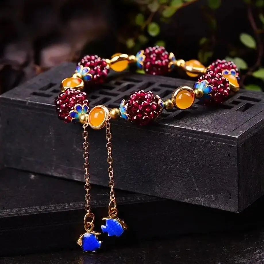 1 Pcs Ethnic Style Natural Pomegranate Flower Ball Bracelet Earrings Sweater Chain With Tianhe Stone Cloisonn É Bracelet