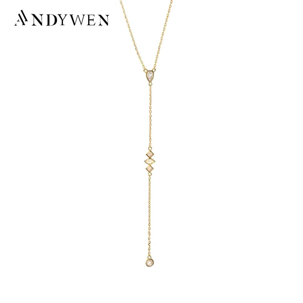 

ANDYWEN 925 Sterling Silver Gold Mid long necklace PIRAMIDE Crystal Gold Long 15cm Chain Pendent Choker Luxury Wedding Jewelry