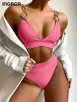INGAGA Ribbed Swimwear Women High Waist Bikinis Solid Swimsuit 2022 Ring Bathing Suits Sexy Brazilian V-neck Biquini Bikini Set