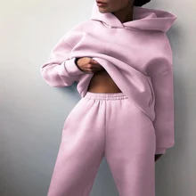  Women Tracksuit Hoodies Casual Solid Long Sleeve Fleece Warm Hooded Sportswear Suit Hoody Pullovers Long Pant Two Pieces Sets 