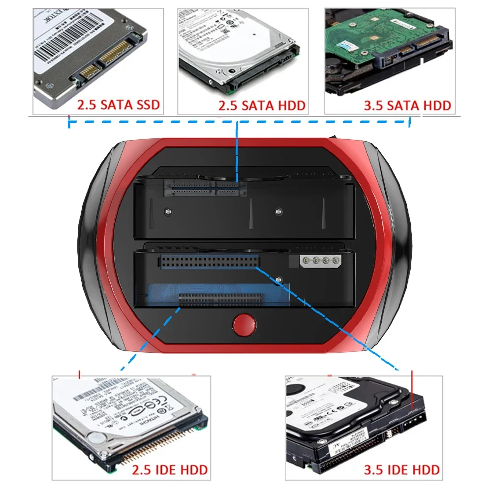 HDD Docking Station 10 IN 1 Dual-bay SATA IDE with 12V Power Adapter for 2.5/3.5 Inch HDD/SSD TF Card