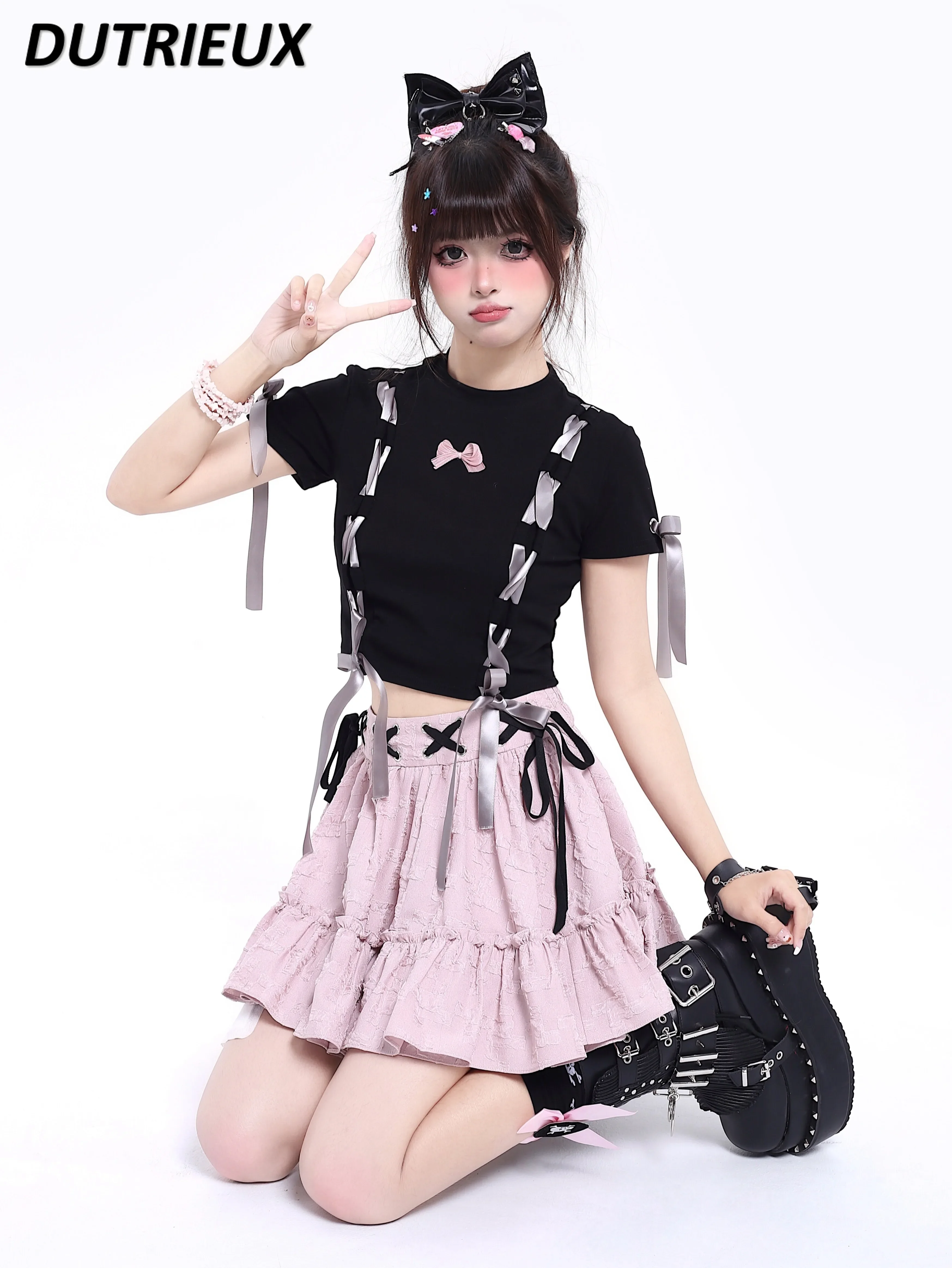 

Japanese Preppy Style Sweet Cool Lace-up All-Matching Short Skirt Cute Girl High Waist Black Pink Cake Skirt Pettiskirt Summer