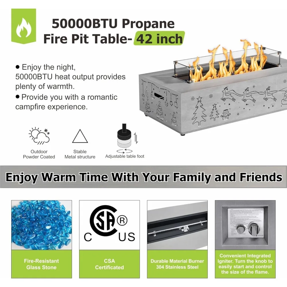 Outdoor Fire Pit Table with LED Light Propane Gas Fire pits Outdoor Fireplaces 42&Prime;Rectangular Firepit Table,50,000BTU Table