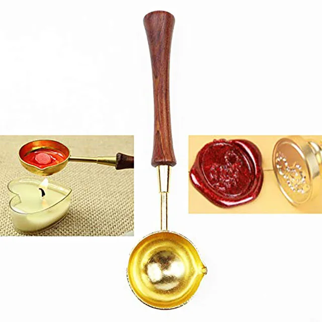 Vintage Elegant Wooden Handle Copper Wax Sealing Stamp Melting Spoon Gold Finish for Wax Seal Stamp Melting Spoon Lead Ladle