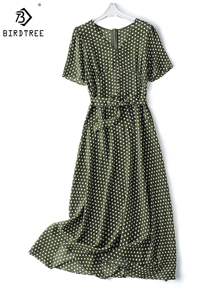 

Birdtree 100%Mulberry Silk Dress Double Crepe De Chine Polka Dot Print Short Sleeve Long Skirt Women's Spring/Summer D38851QD