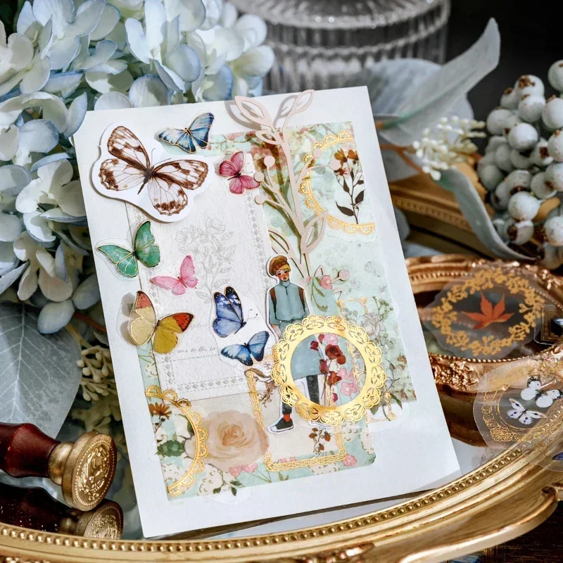 

30Pcs/Pack Transparent stickers Pet gilding sticker bag Specimen butterflies color Lace Paper Diary Scrapbooking Planner 13*8CM