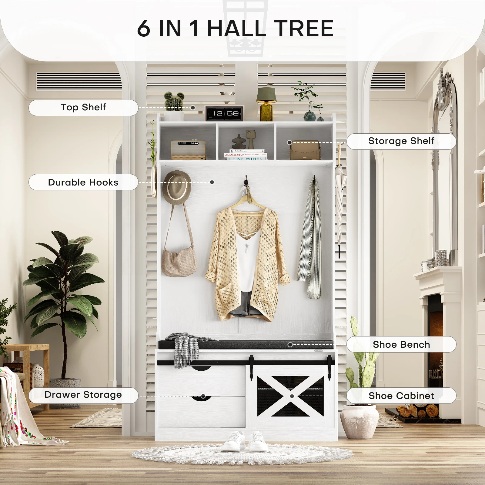 Redlife Hall Tree w/ Storage Bench,6 in 1 Multifuncitonal Entryway Bench w/ Coat Rack, 6 Hooks Wood Shoe Cabinet for Living Room