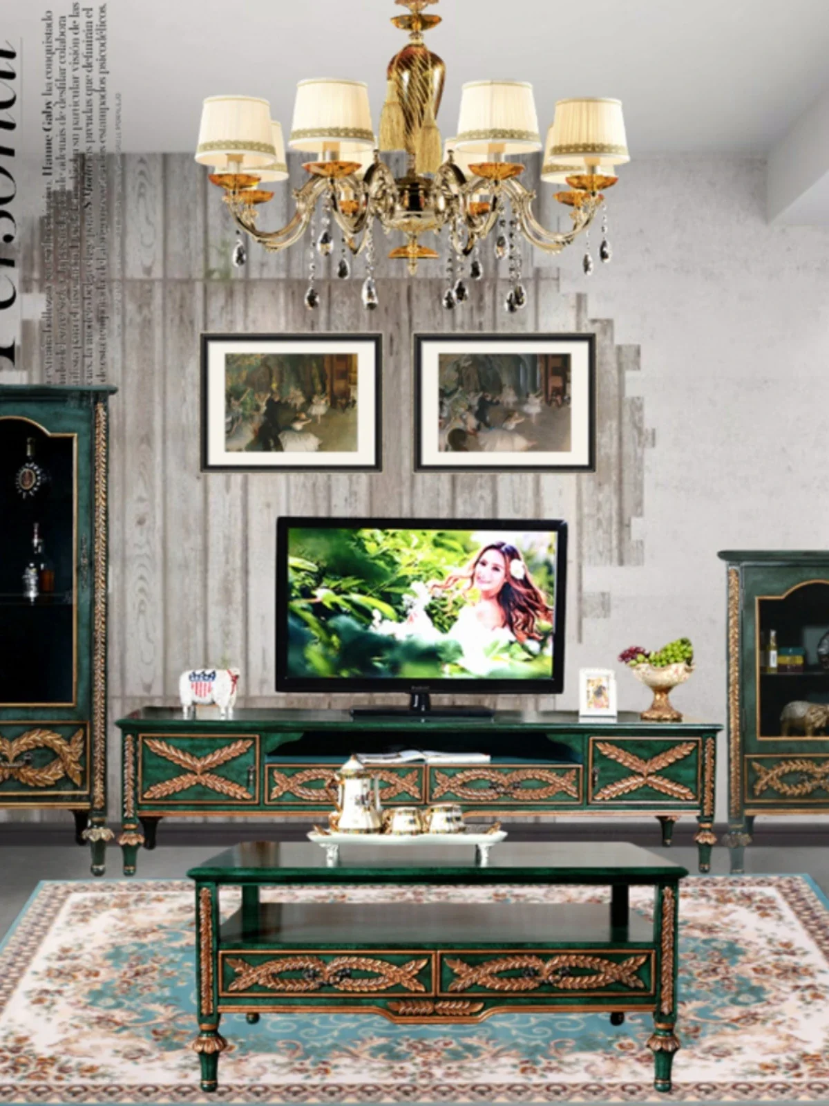 

European and American TV cabinets, small-sized living room, 2m coffee table combination, complete set of peacock green simple lu