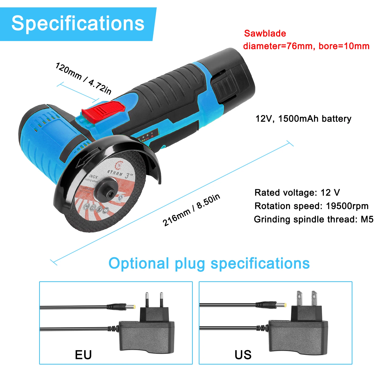 Electric Angle Grinder Cordless 9500rpm Handheld Polishing Grinding Machine Diamond Cutting Power Tools 12V Battery Rechargeable
