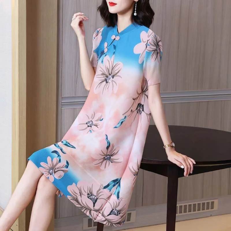 

Vintage and Elegant Chinese Style Pleated Mid length A-line Dress 2023 Summer Standing Neck Oblique Front Printed Dress Female