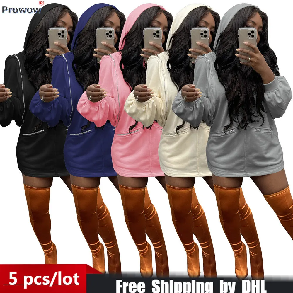 

5 Pcs Bulk Hoodies Dress Women Solid Zip Patchwork Lantern Sleeve Mini Dresses Summer Casual Large Pockets Skirts Wholesale 9073
