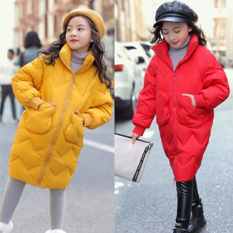 

2022 New Thick Keep Warm Winter Girls Jacket Long Style Hooded Outerwear For Girl 2 Color Children Birthday Present