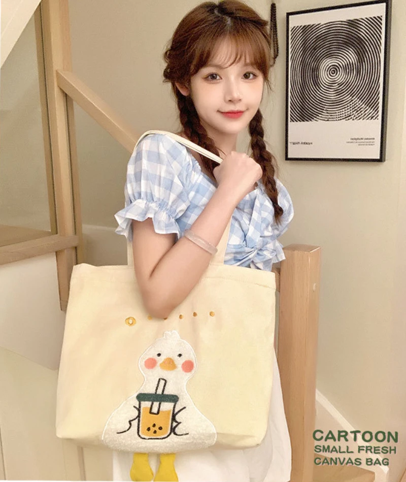 Lovely Canvas Bag Girls College Students Embroidered Shoulder Class Bag Commuting Fashion Large Capacity Canvas Bag