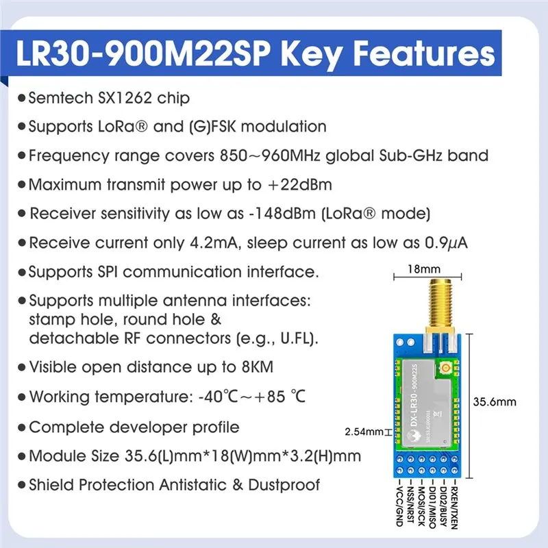 DIGIT-DX-LR30-900M22SP(T1) SX1262 로라 무선 모듈 8KM 장거리 SMD RF 모듈 22Dbm 출력 850Mhz-930Mhz 전원 공급