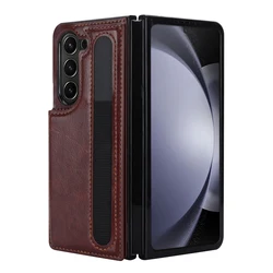 Leather Wallet Phone Case with Card Holder and Double Buckle, Pen Slot, Protective Design - Galaxy Z Fold4 (Brown)