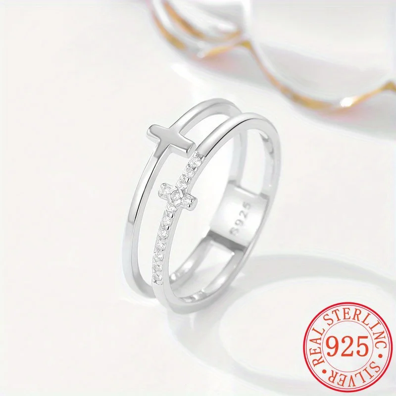 

Stunning Double-Layered Cross Ring with Diamonds and Wide Band - Ins Style Design in Genuine S925 Silver for Men and Women