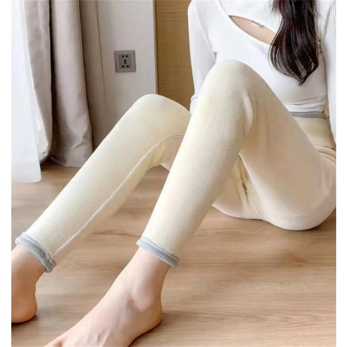 Winter Women Warm Leggings Plush Lined Thermal Pants Solid Thickened Letter Embroidery Slim Elastic Tights Stretch High Waist