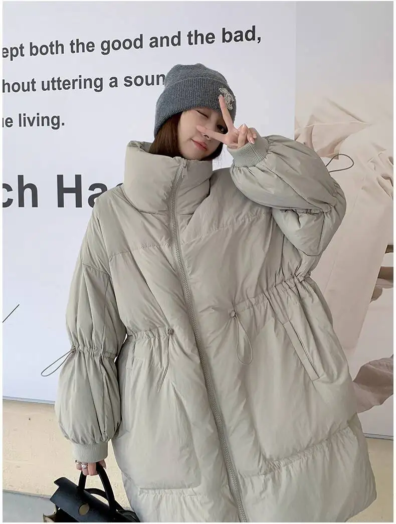 LANMREM Drawstring Waist Slimming Design Women's Long Down Jacket Lapel Loose Oversized Long Sleeve Grey Warm Jackets 2DB5955