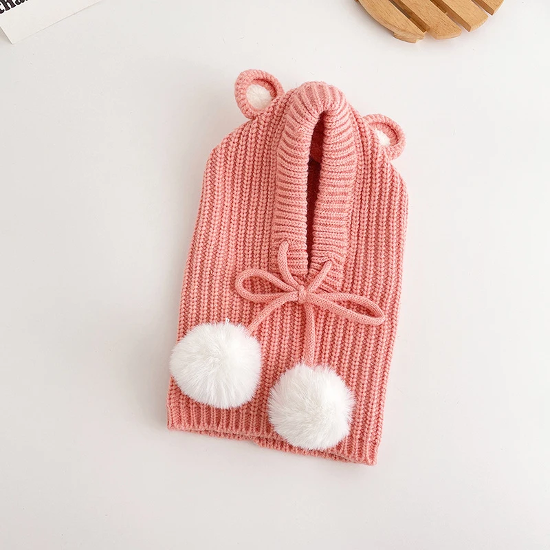 Baby Kid Knit Hooded Scarf Girl Boy Pom Pom Drawstring Hat Scarves Winter Child Outside Warm Accessories Wear 1-5T