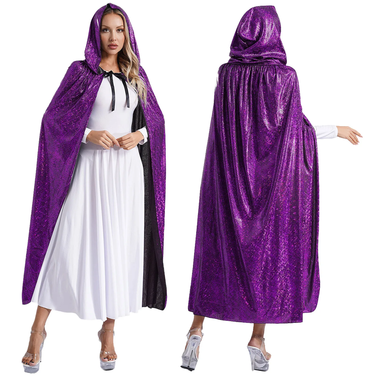 thumbnail image 1 of Capa con capucha brillante para mujer, capa larga, mago, bruja, mago, disfraz de vampiro, disfraz de Mardi Gras, Navidad y Halloween, 1 of 5