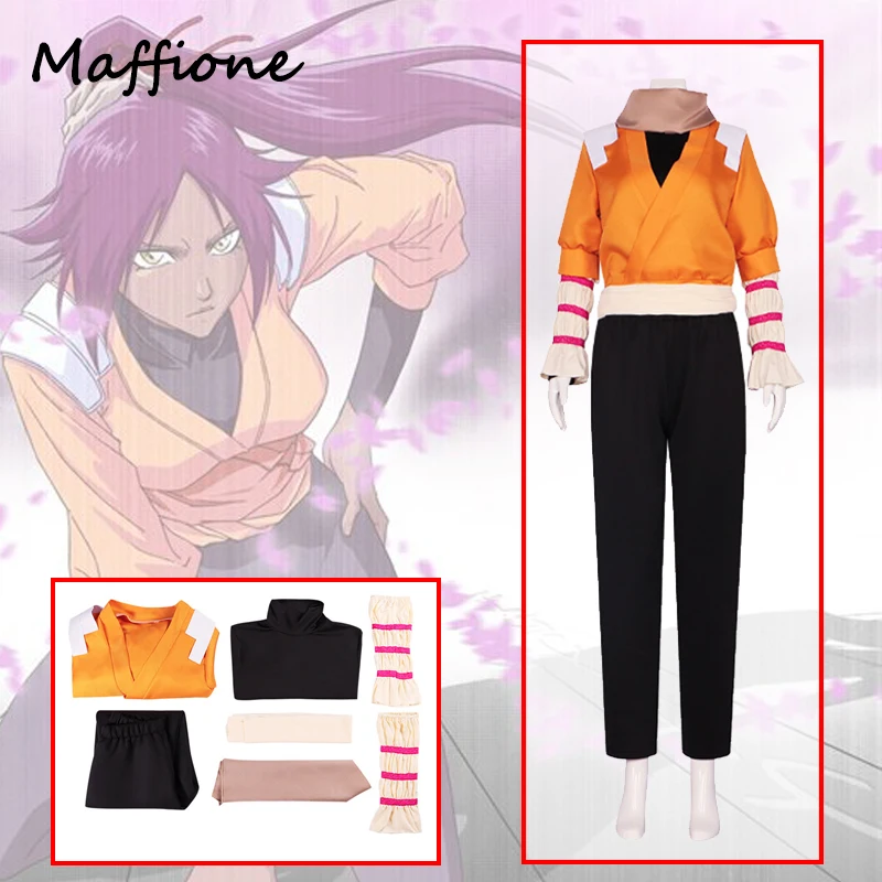 

Bleach Shihouin Yoruichi Cosplay Anime Costume Outfits Orange Coat Black Pants Full Set Halloween Carnival Party Disguise Suit