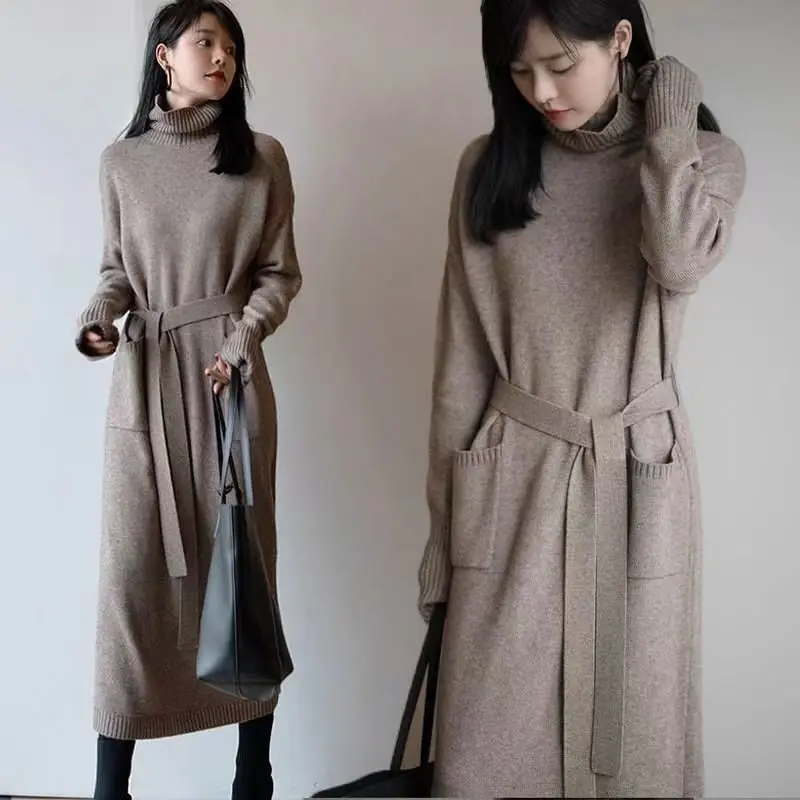 

Vintage Loose Thick Winter 2023 Turtleneck Knitting Sweater Midi Dress for Women Long Sleeve Lace Maxi Dresses Oversize Clothing