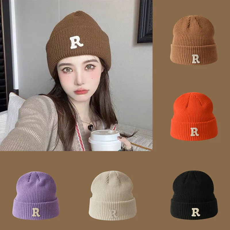 

Мягкие теплые трикотажные шапки для женщин, зимняя шапка для девушек с вышивкой буквы R, спортивная Лыжная шапочка, шапка в стиле хип-хоп, облегающие шапки