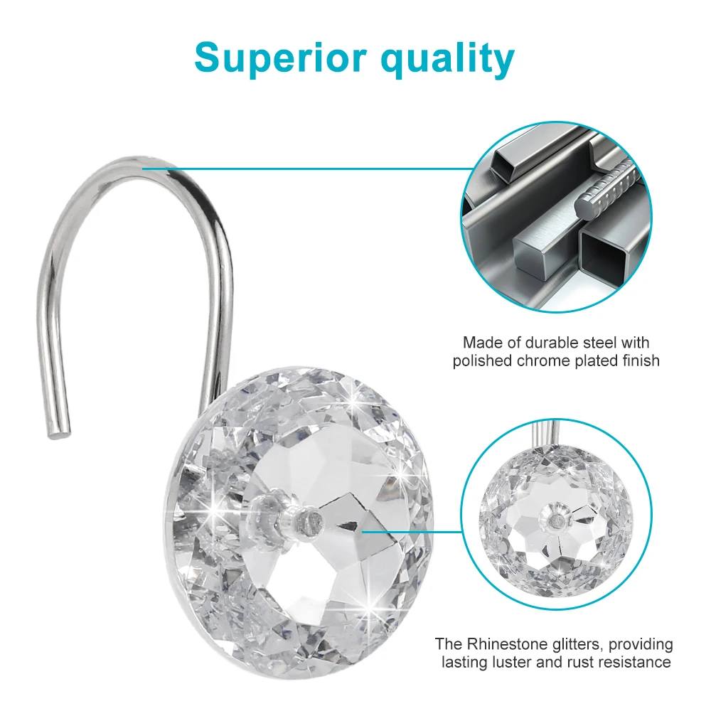 Shower Curtain Clips 12Pcs Shower Curtain Hooks Rustproof Acrylic Crystal Round Diamond Decorative Rings for Curtain Rods Shower Rods