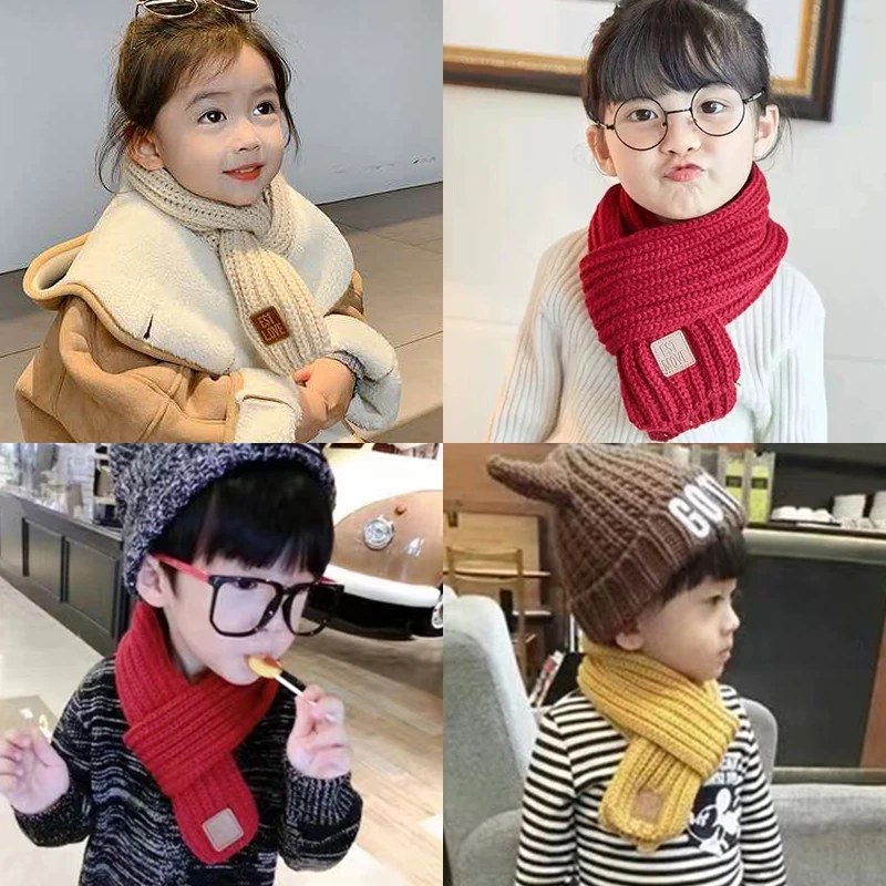 Winter Children Colors Soft Knitting Wool Thermal Scarf Boys Girls Lovely Outdoor Warmer Scarf Kids Solid Labelled