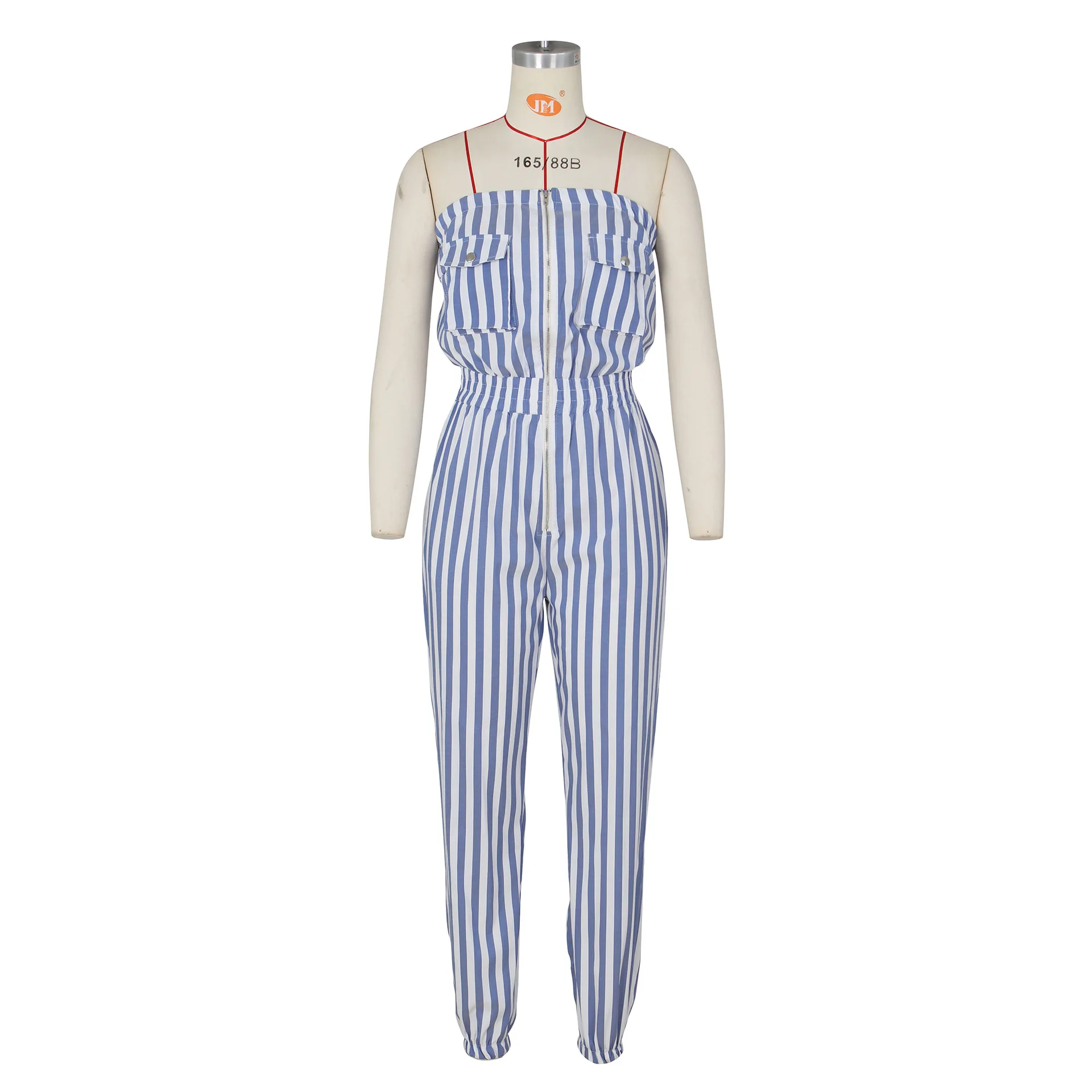 Fashion Women's Fallow Blue Striped Thin Jumpsuit Spring And Summer Pocket Decoration Splicing Jumpsuit Elegant Style