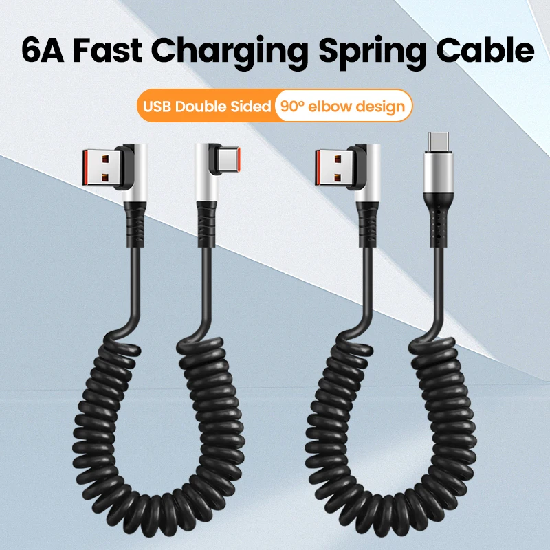 OLAF 6A USB Type C Data Cable 90° Elbow Car USB Spring PD Fast Charging Cable for iPhone 15 Sumsung Xiaomi POCO Huawei Honor LG BEST SELLERS