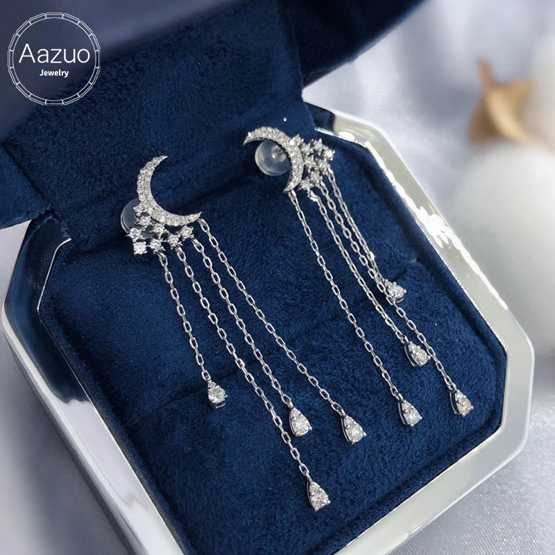 

Aazuo 18K White Gold Real Diamonds 0.66ct High Quality Fairy Moon Drop Chain Earrings Gifted For Women Senior Banquet Au750