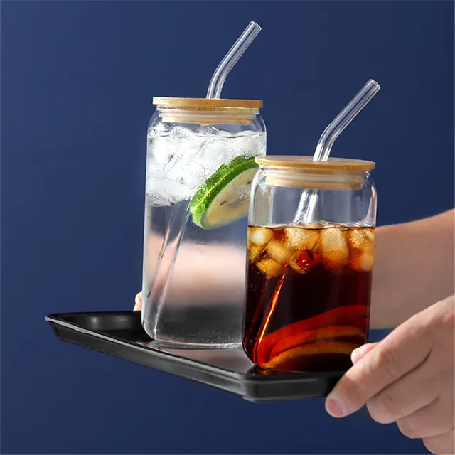 Verre transparent en forme de canette de bière avec couvercle en bambou et paille, verres à café glacé, gobelet, tasse, degré de chaleur, 12oz, 16oz, 1 pièce 1