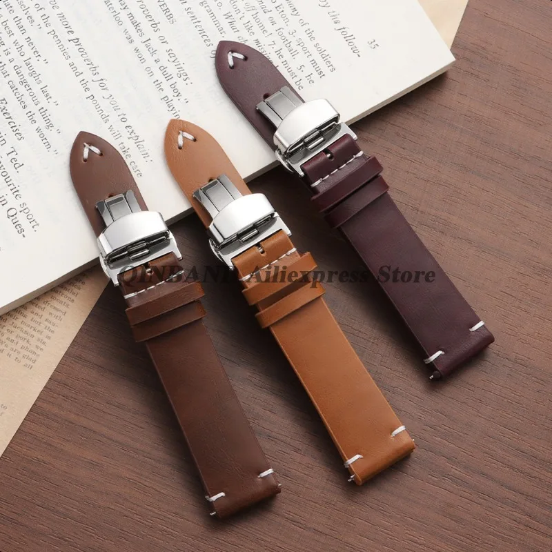Stainless Steel Butterfly Clasp PU Leather Watchband - Soft Business Bracelet Strap in Black or Brown