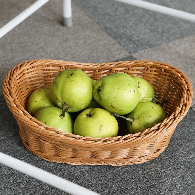 Imitation Rattan Storage Basket Woven Decorative Serving Tray for Fruit Snacks Tabletop Bathroom Kitchen Counter Organizer