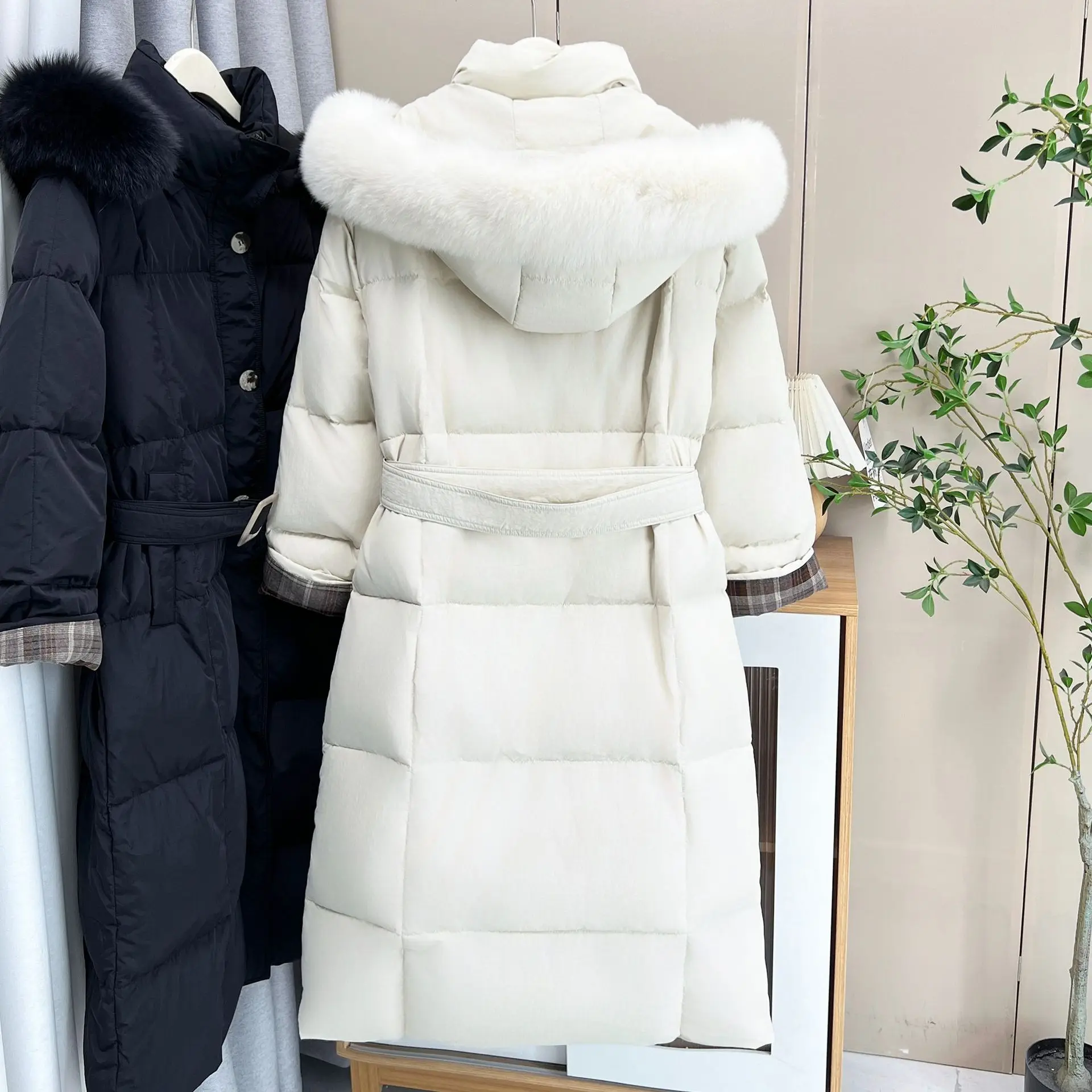 XXXXL Fashion Plus Size Women's Down Jacket New Winter Korean Style Real Fox Fur Collar Hooded Belt Warm Long Coat 8739