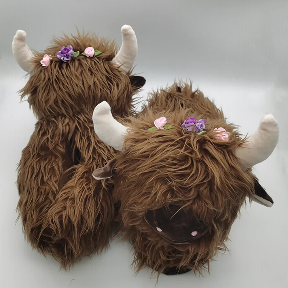 Highland Cow Plush Slippers with Sock Women Men Fluffy Cattle Slipper Warm Soft House Animals Shoes Christmas Birthday Gifts 5