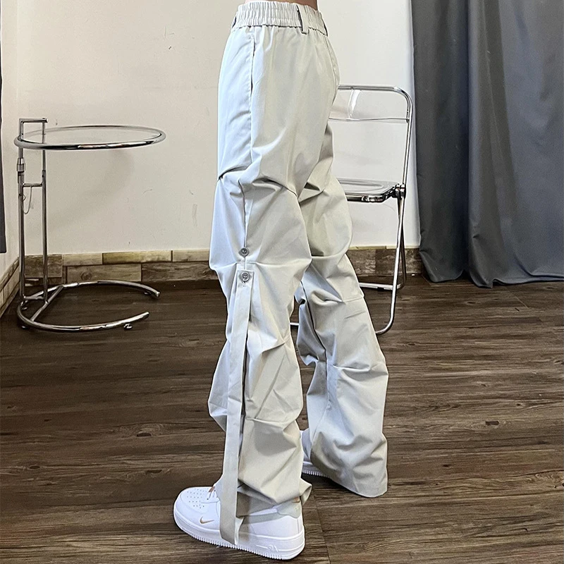 IEFB High Street Pleated Overalls Men's Pants Fashion Loose Straight Button Casual Male Trousers Solid Color Darkwear 9A6007 wide leg pants